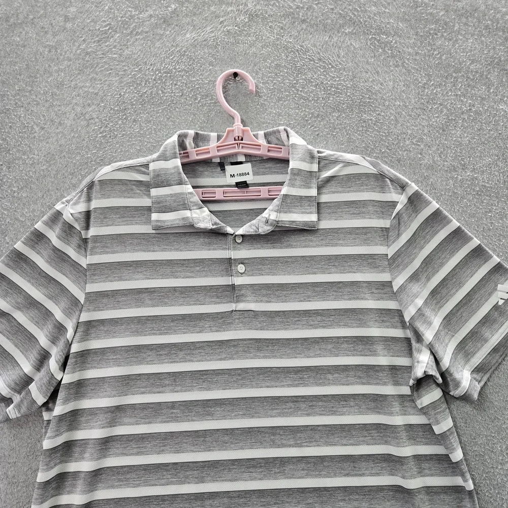 Adidas Men Polo L‎ Gray Striped Activewear Button Short Sleeve